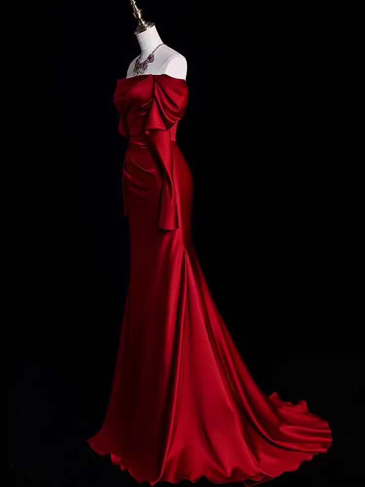 Mermaid Off The Shoulder Burgundy Long Satin Prom Dresses P1916