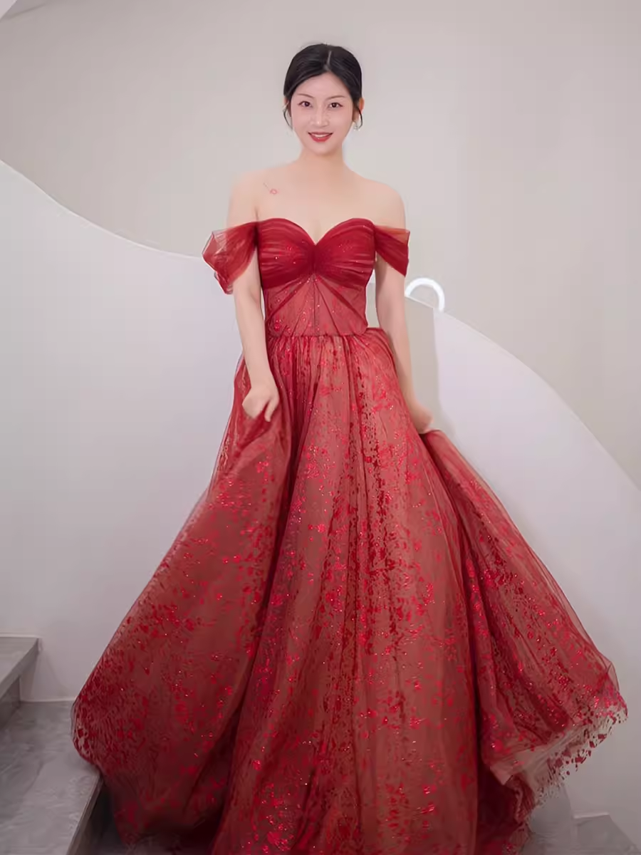 Ball Gown Strapless Burgundy Tulle Prom Dresses Evening Dress P1989