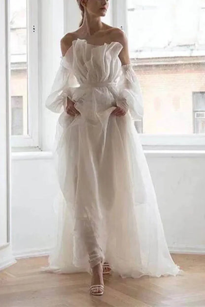 Girlhomeshops-White tulle fairy long floor-length wedding dress prom dress gh5391