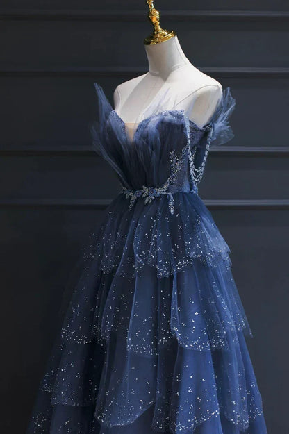 Vintage Blue Beaded Design Elegant A-Line Chiffon Tulle Evening Dress Prom Dress HZ1024