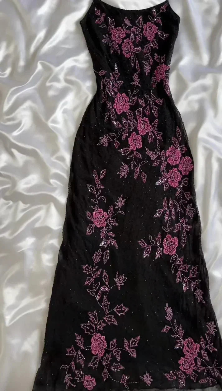 Retro Floral Exquisite Embroidered Spaghetti Strap A-Line Prom Dress Party Dress Evening Dress HZ1024