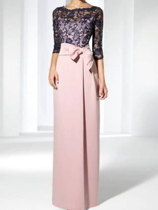 Sheath / Column Mother of the Bride Dress Elegant Jewel Neck Floor Length Lace Satin 3/4 Length Sleeve with Bow(s) - RongMoon