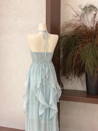 Classy Halter Chiffon Blue Party Dress Birthday Dress  cc3051