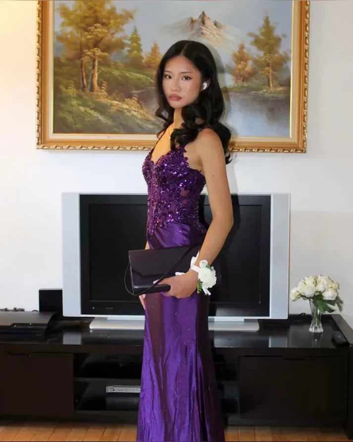 Vintage Purple Glittering Beaded Evening Gown Sheath Applique Spaghetti Strap Party Dress High Slit Long Formal Dress HZ1024