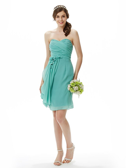 Sweetheart Neckline  Strapless Knee Length Chiffon Bridesmaid Dress with Criss Cross  Side Draping  Flower