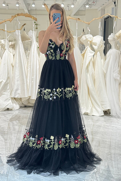 Black A Line Spaghetti Straps Long Prom Dress With Appliques Beautiful Flowers
