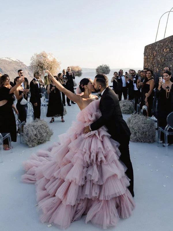 Layers Tulle Ball Gown Wedding Dress Drama Pink Wedding Dress Off Shoulder Without Wedding Veil
