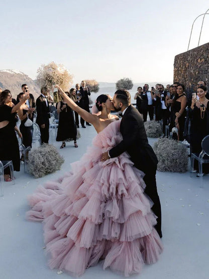 Layers Tulle Ball Gown Wedding Dress Drama Pink Wedding Dress Off Shoulder Without Wedding Veil