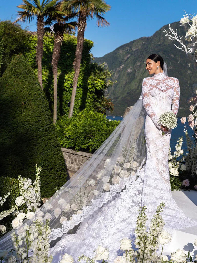 High Neck Boho Rustic Lace Wedding Dresses Vintage Sheath Wedding Dress with Train Elegant Without Wedding Veil