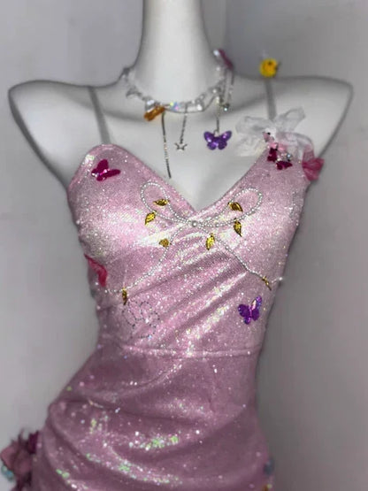 Glitter Pink Sequin Spaghetti Strap Butterfly Design 16th Birthday Party Dress Homecoming Dress HZ0319