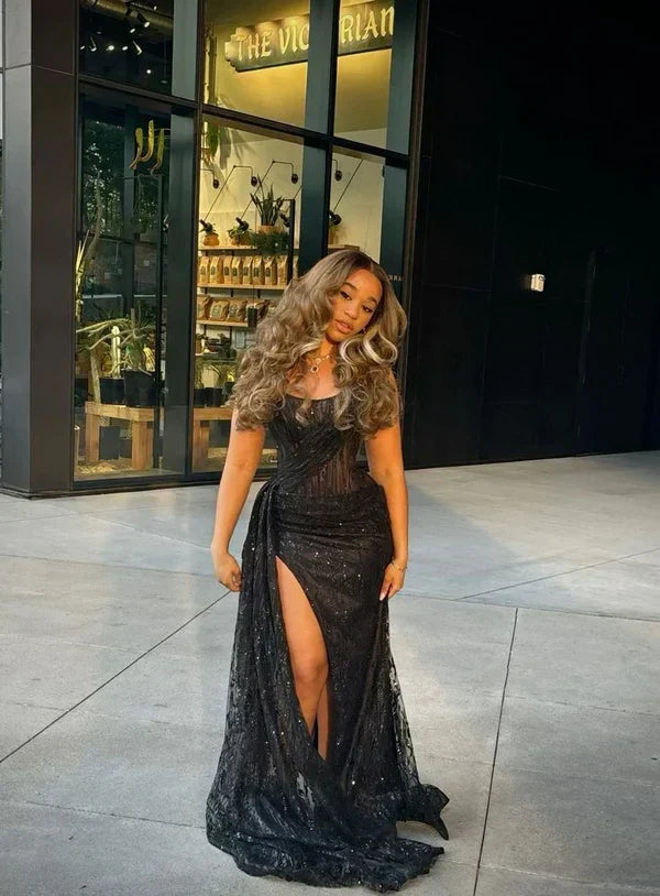 Gorgeous Glittering Black Beaded Strapless Mermaid High Slit Prom Dress Evening Dress HZ1024