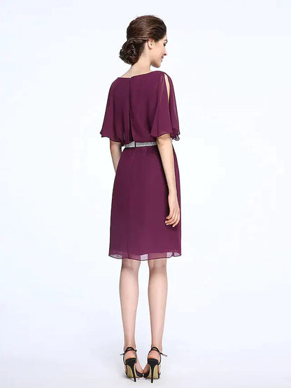 Mother of the Bride Dress Elegant Bateau Neck Knee Length Chiffon Half Sleeve with Crystals