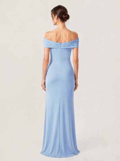 Crepe Off-the-Shoulder Column Gown with Ruched Bodice Sky Blue