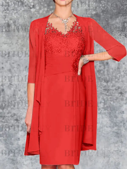 Two Piece Ruffle Chiffon Mother of the Bride Outfit Lace Short Wedding Guest Dress