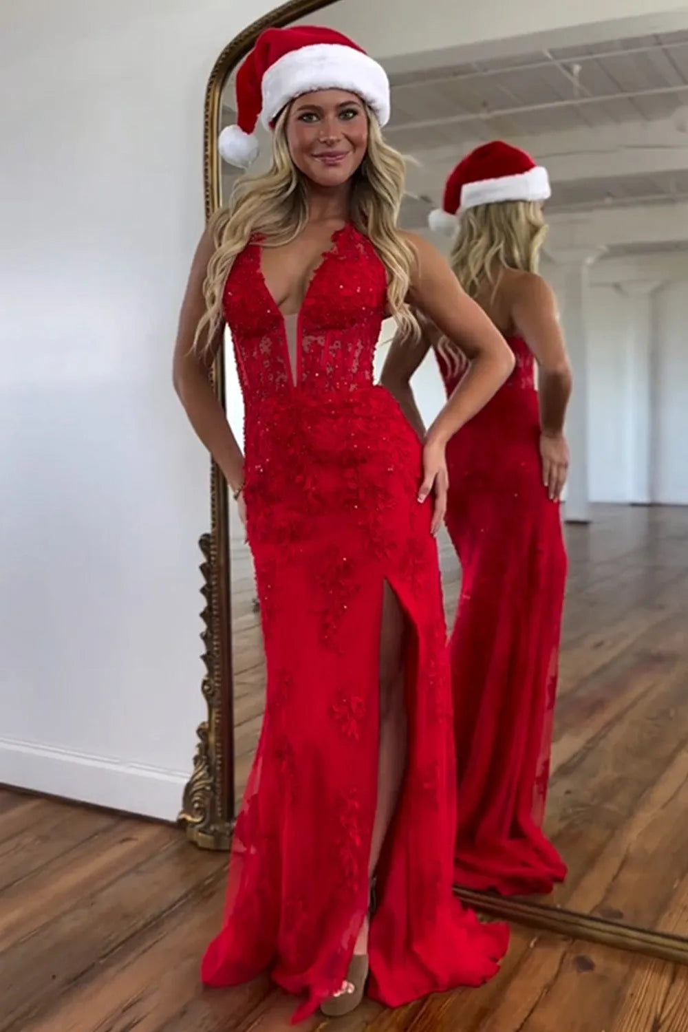 Wholesale Light Blue Prom Dress Mermaid Deep V-Neck Long Lace With Split Charming Lilac Evening Dress