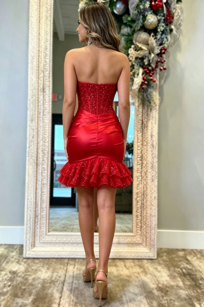 Red Strapless Ruffles Appliques Pleats V-Neck Tight Homecoming Dress