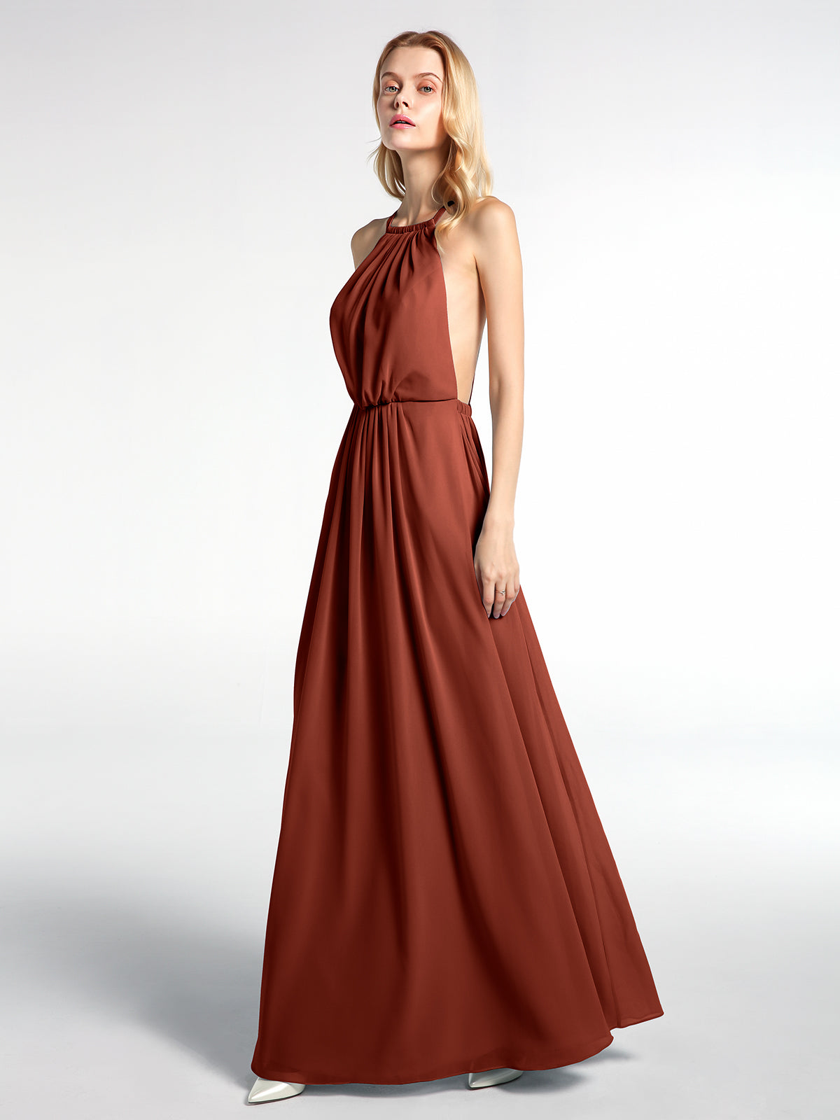 Halter Neck Low Back Chiffon Maxi Sexy Dress-Rust