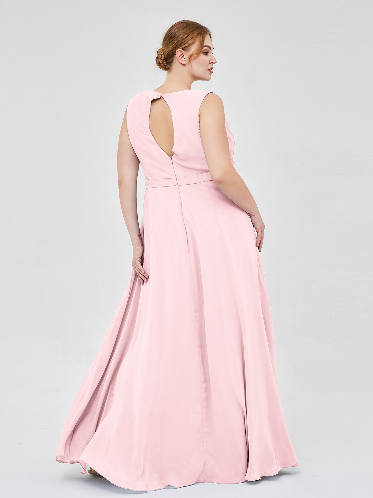 V-neck Chiffon Bridesmaid Gown with Cascade Skirt Blushing Pink Plus Size