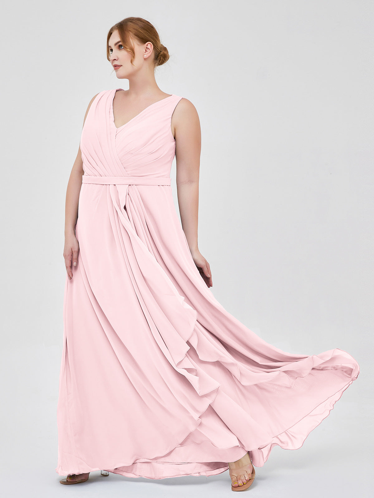V-neck Chiffon Bridesmaid Gown with Cascade Skirt Blushing Pink Plus Size