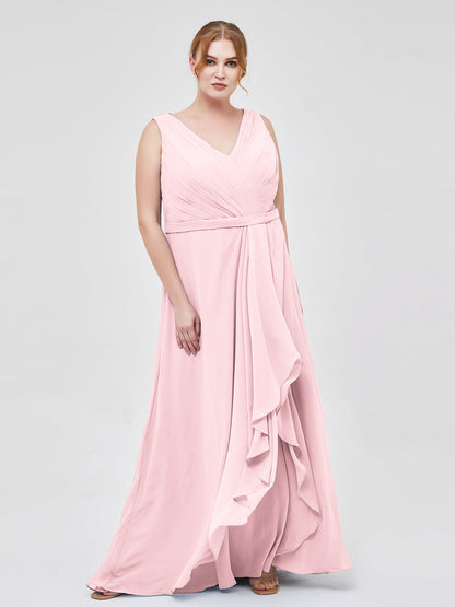 V-neck Chiffon Bridesmaid Gown with Cascade Skirt Blushing Pink Plus Size