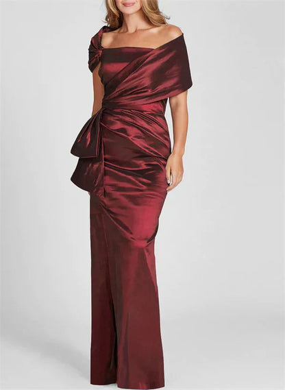 Tight fitting/column off shoulder to ground length, mother of the bride dresses