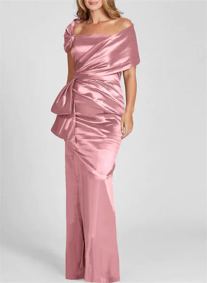 Tight fitting/column off shoulder to ground length, mother of the bride dresses