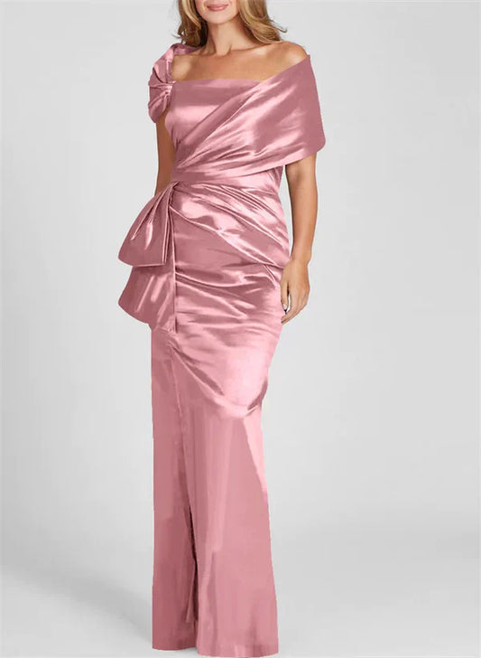 Tight fitting/column off shoulder to ground length, mother of the bride dresses