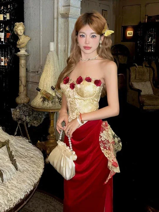 Vintage 3D Rose Sweetheart Prom Dress Red Velvet Sheath Evening Dress Long Formal Dress HZ1024