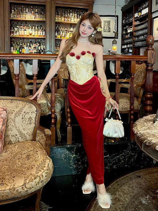Vintage 3D Rose Sweetheart Prom Dress Red Velvet Sheath Evening Dress Long Formal Dress HZ1024