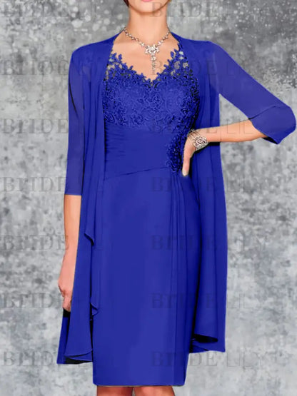 Two Piece Ruffle Chiffon Mother of the Bride Outfit Lace Short Wedding Guest Dress