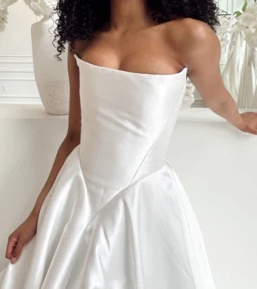 Girlhomeshops-White satin off-the-shoulder long floor-length wedding dress prom dress gh5394