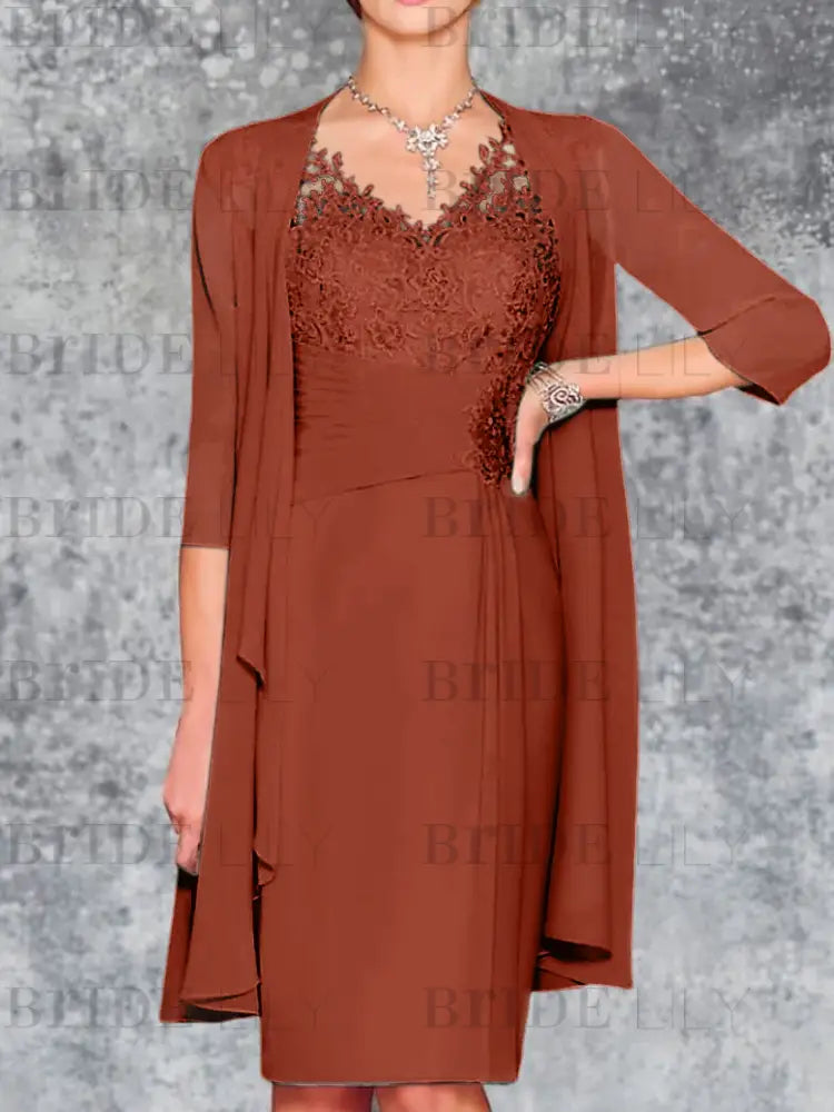 Two Piece Ruffle Chiffon Mother of the Bride Outfit Lace Short Wedding Guest Dress