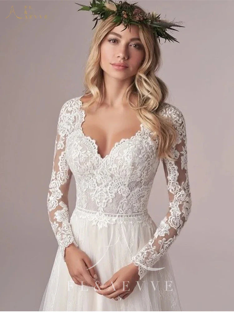 Bohemian Long Sleeves Wedding Dress Corset Low Back Gown