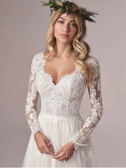 Bohemian Long Sleeves Wedding Dress Corset Low Back Gown