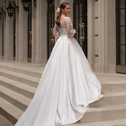 Classic Wedding Dresses Women O-Neck Full Sleeves Bride Gown Applique A-Line Occasion