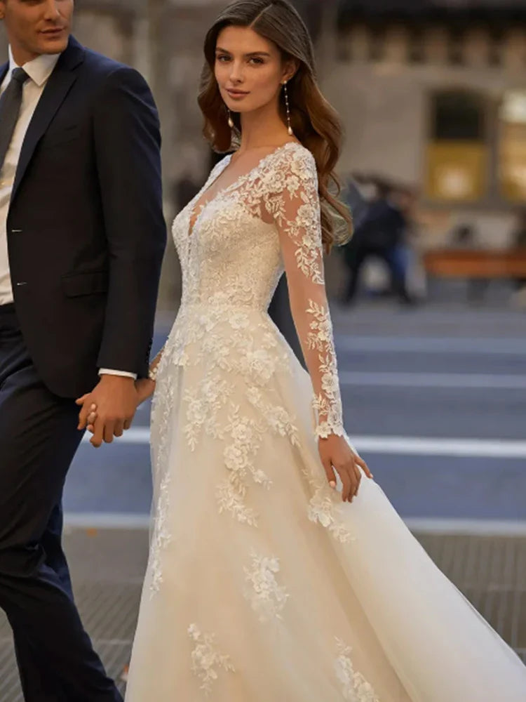 Luxury A Line V Neck Wedding Dresses Long Sleeves Bridal Gowns Appliques Button Back