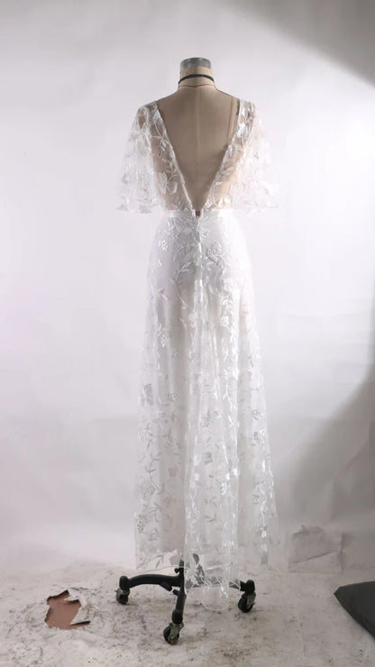 Elegant Women White Lace Wedding Dresses Flare Sleeves Mermaid Gown