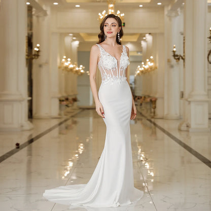 MisShow Elegant Straps Mermaid Wedding Dresses Lace Pearls Backless V Neck Sleeveless Gowns