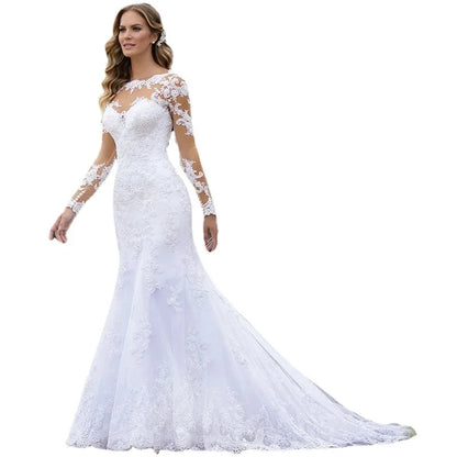 Longsleeve Mermaid Wedding Dresses Luxury Lace Chapel Train Gown Sexy Button Back Vestidos De Fiesta