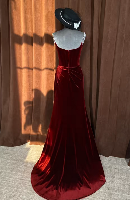 Elegant Burgundy Prom Dress Velvet Strapless Sheath Evening Dress S1063