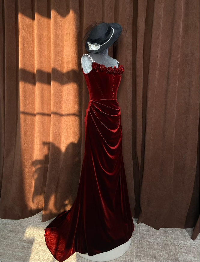 Elegant Burgundy Prom Dress Velvet Strapless Sheath Evening Dress S1063
