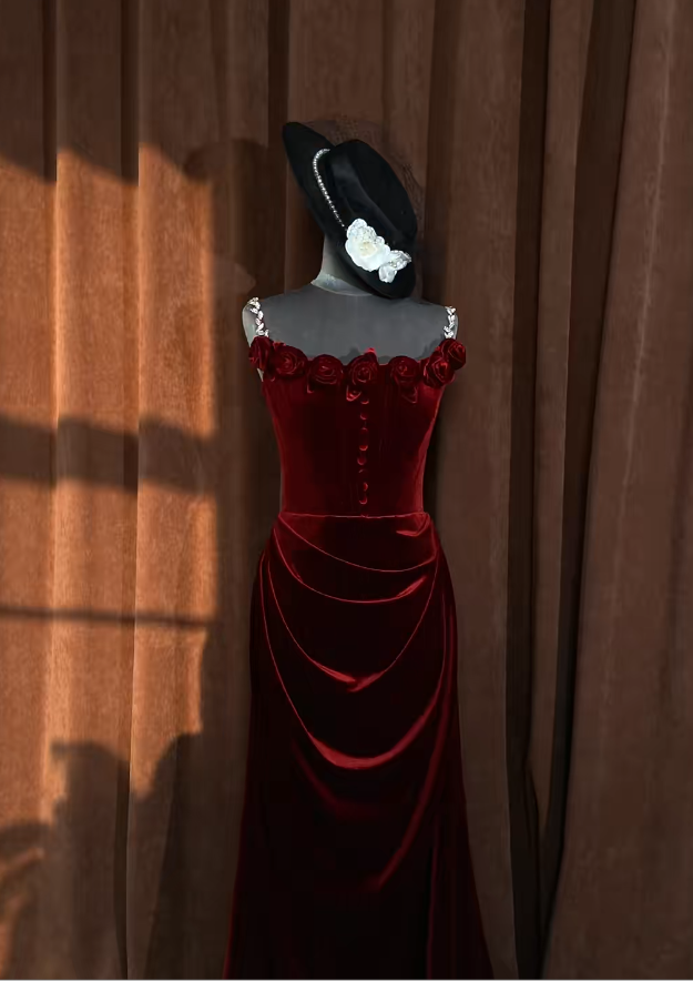 Elegant Burgundy Prom Dress Velvet Strapless Sheath Evening Dress S1063