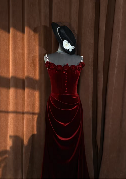 Elegant Burgundy Prom Dress Velvet Strapless Sheath Evening Dress S1063