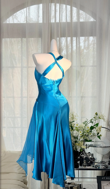 Chic Blue Prom Dress Satin Party Dress Halter A-Line Evening Dress S1080