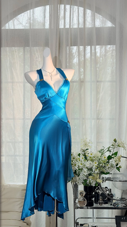 Chic Blue Prom Dress Satin Party Dress Halter A-Line Evening Dress S1080