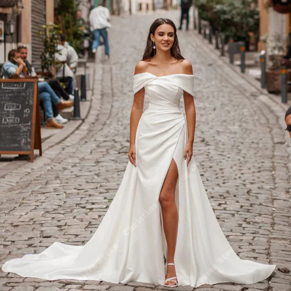 Off The Shoulder Women Wedding Dresses Elegant Satin Mermaid Gowns