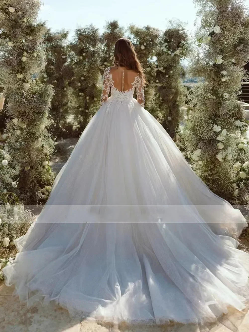 Modern Glitter Tulle Wedding Dresses Long Sleeves V Neck Bridal Gowns for Bride