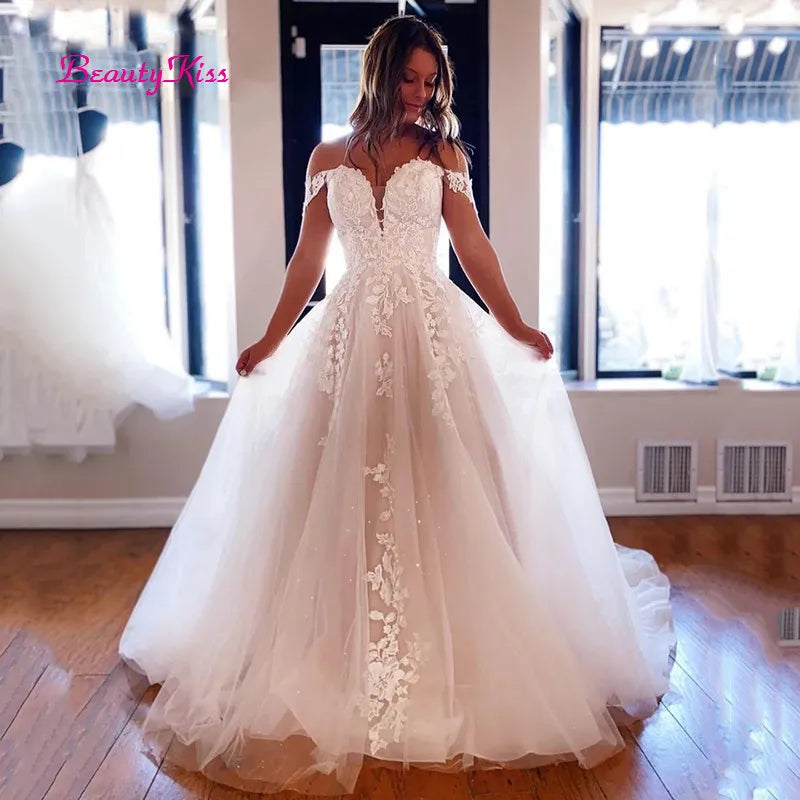 Off The Shoulder Wedding Dresses Appliqued Lace Gowns Boho Bridal Dress