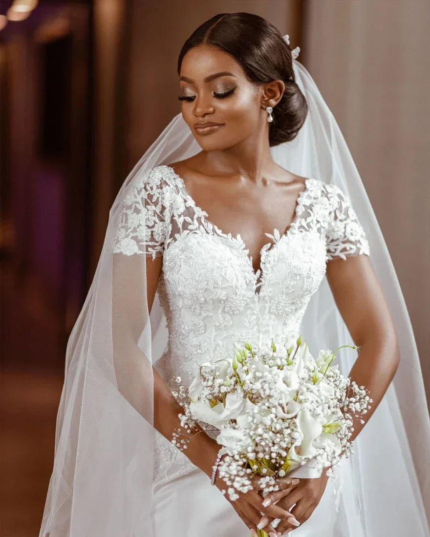 Sparkly Mermaid Satin Long Sleeve Wedding Dress Lace Appliques