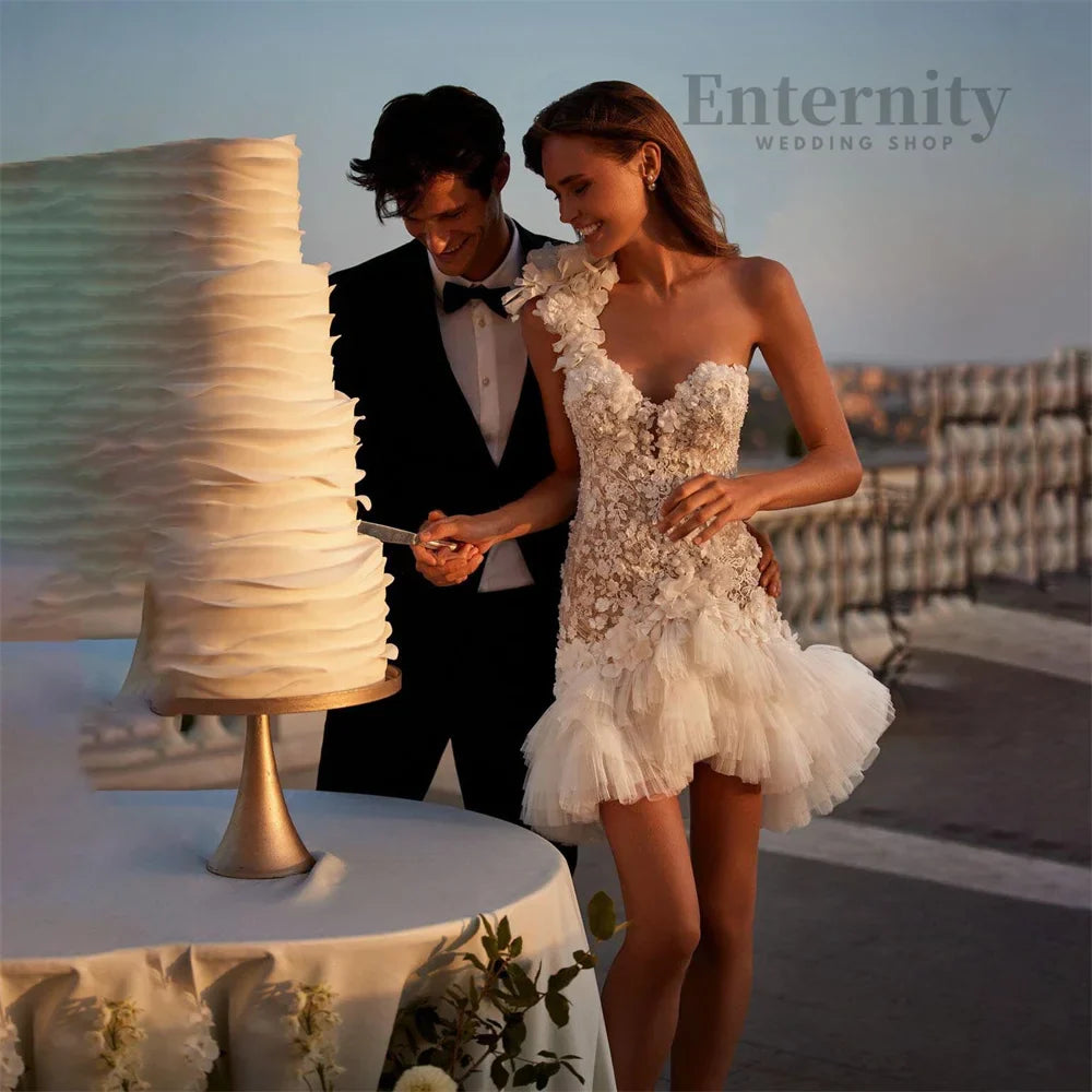 Customized A Line Applique Beading Wedding Dress Button Sexy V-neck One Shoulder Short Bridal Gown